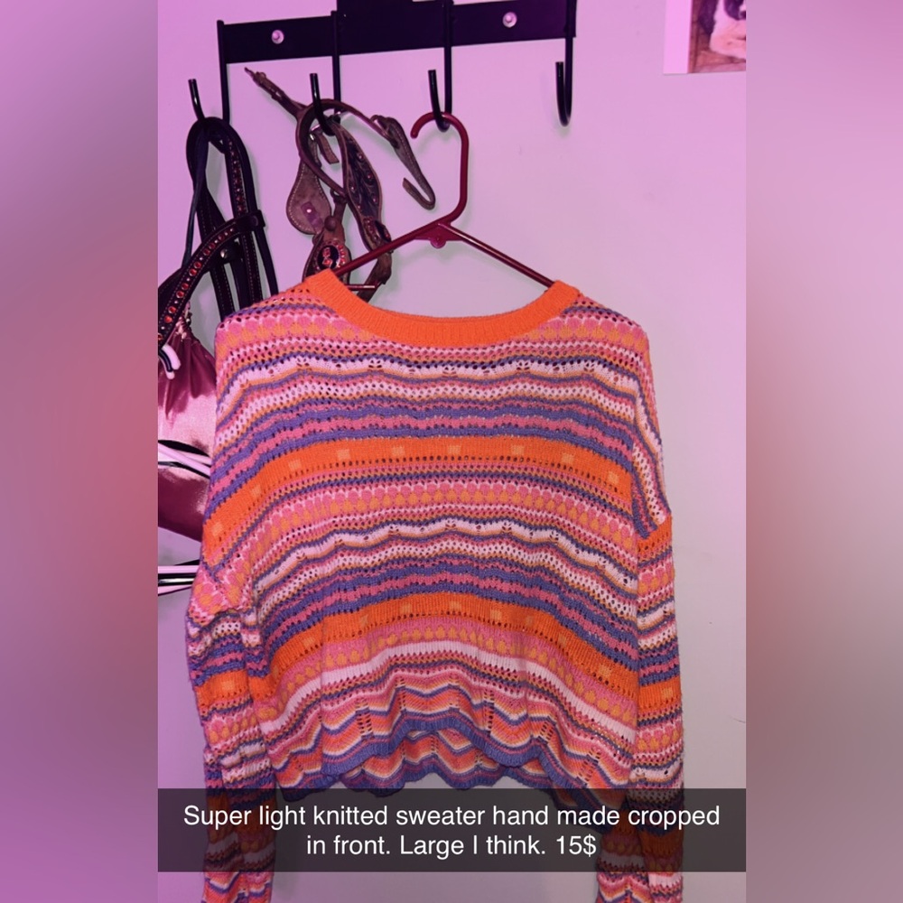 Orange and Pink Crew Neck Sweater with Vibrant Stripes